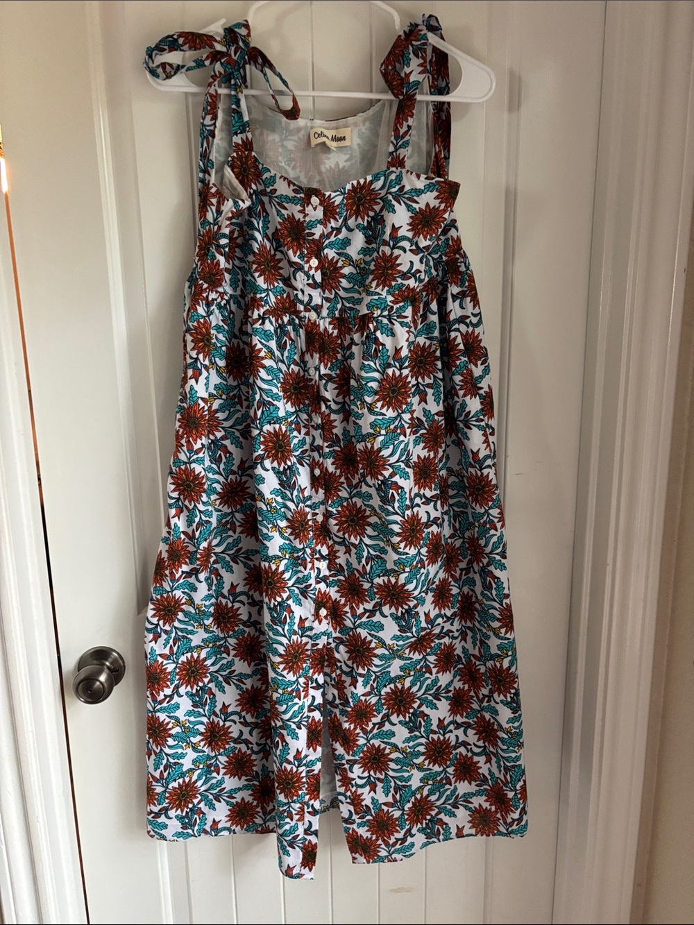 CELINA MOON White Floral Midi Dress with Teal and Rust Flowers
